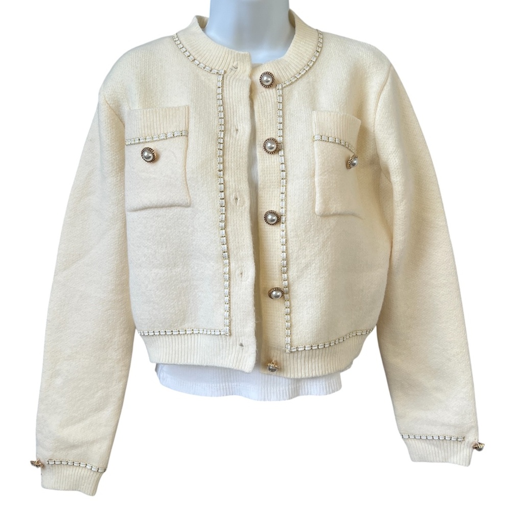 Knit Mix Sweater Cardigan Fancy Buttons Size L Cream Gold Trim Party Holidays